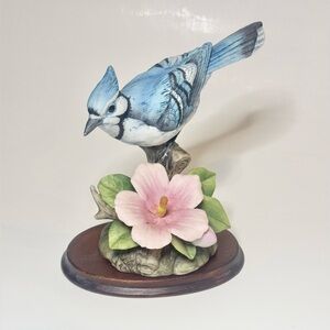 Andrea by Sadek Porcelain Blue Jay Figurine  #9386  With Wooden Base Vintage